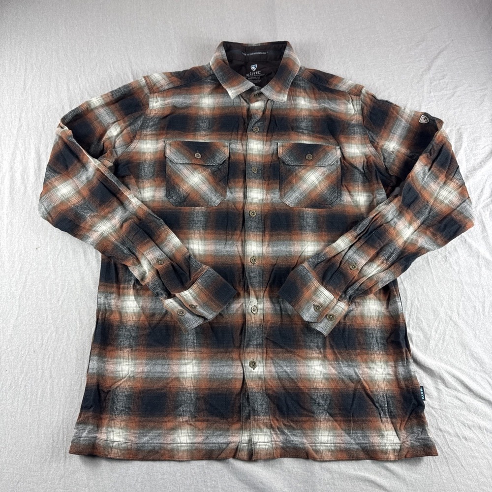 Kuhl Dillingr Flannel Shirt Mens M Brown Plaid Long Sleeve Button Up Hiking Camp